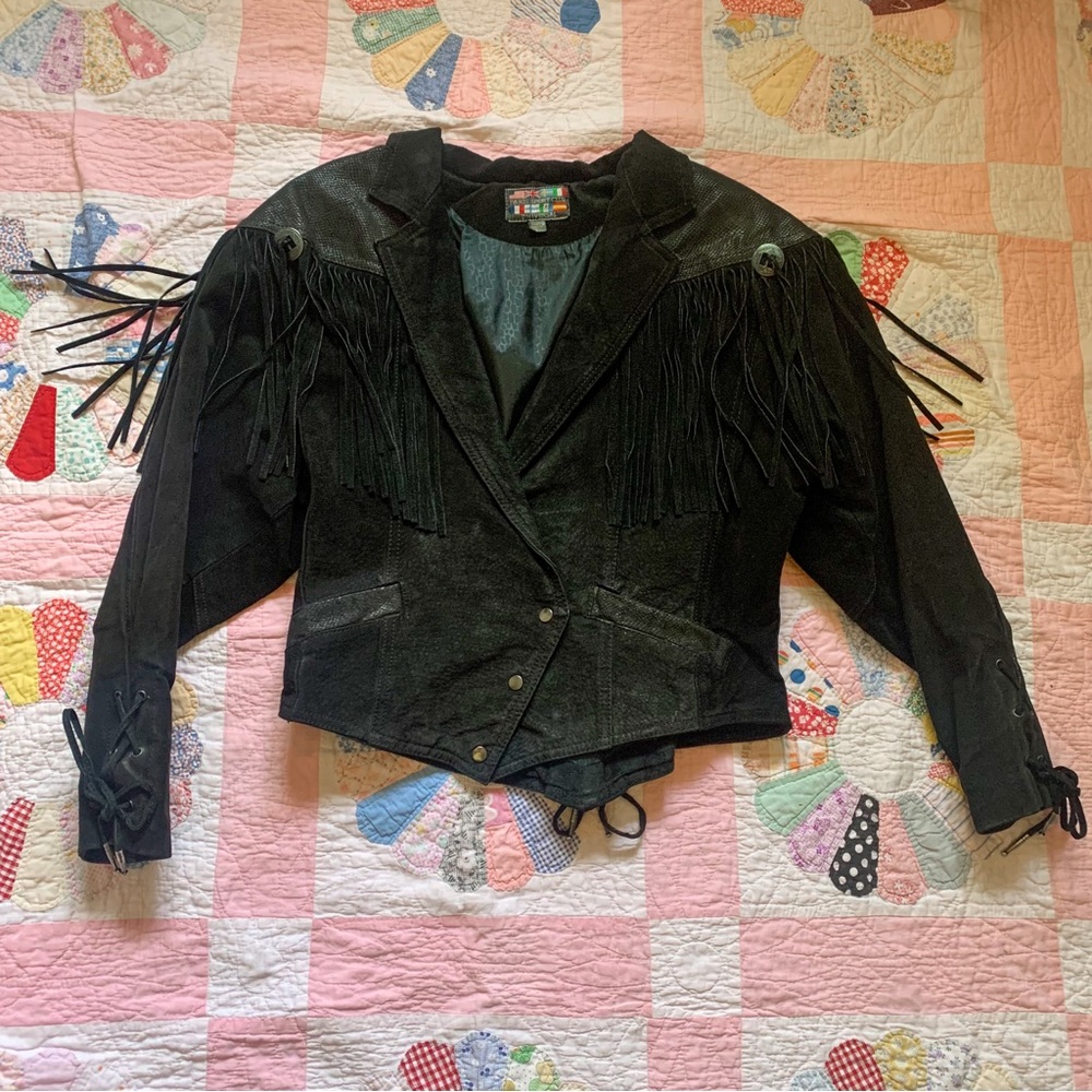 Womens large genuine leather biker boho western fringe jacket